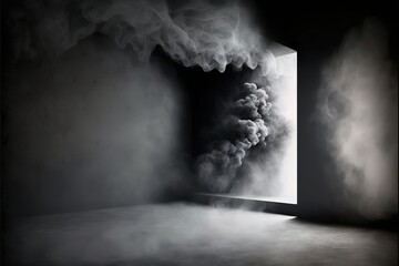 Empty dark abstract cement wall and gradient studio room with smoke float up interior texture for display products wall background