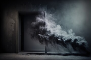 Empty dark abstract cement wall and gradient studio room with smoke float up interior texture for display products wall background