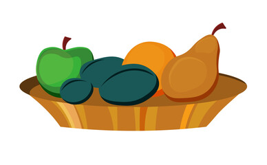 Still life isolated on white background. Fruit platter. Pear, plums and tangerines