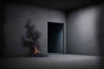 Empty dark abstract cement wall and studio room with smoke float up the interior texture for display products wall background