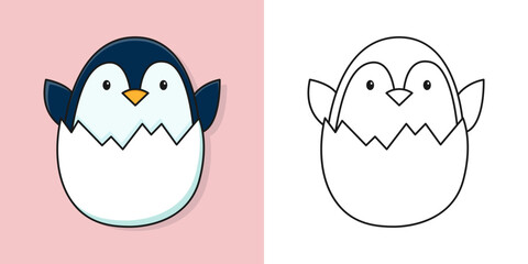 Outline illustration of a cute Penguin peeking out of an egg. Vector childrens coloring book.