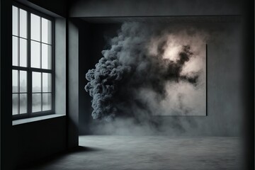 Empty dark abstract cement wall and studio room with smoke float up interior texture for display products wall background