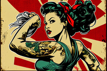 Portrait von sexy Pin-up Girl im bunten Pop-Art Retro-Comic-Stil - Generative Ai