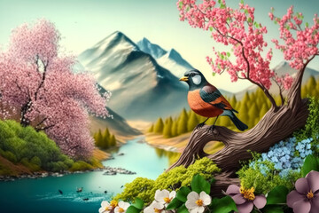 Spring season concept. 3D bird in nature with tree flower river and mountain abstract background. Generative ai