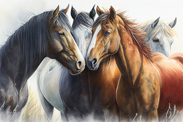 A group of horses standing together in a field, their heads close as they nuzzle each other affectionately, generative ai