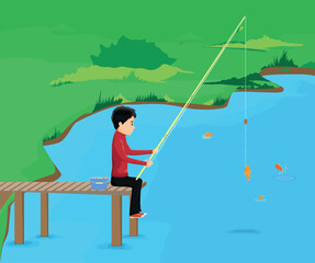 boy is fishing in the lake