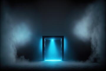 Empty dark scene blue abstract stage, neon light, spotlights, and studio room with smoke float up the interior texture for display products wall background