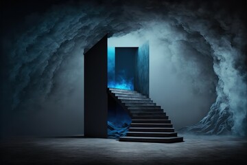 Empty dark scene blue abstract stage, stairs, concrete, neon light, spotlights, and studio room with smoke float up the interior texture for display products wall background