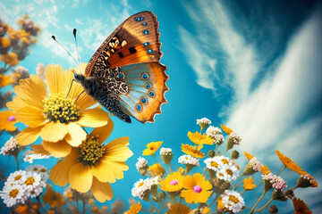 Fototapeta na wymiar Spring season nature concept. Colorful flowers and butterflys on blue sky white abstract background. Generative ai