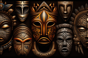 Tribal African Mask Illustration, Traditional, Historic, Intricate, Cultural, Exotic, Elegant,  - obrazy, fototapety, plakaty
