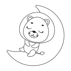 Coloring page cute little lion sleeping on moon. Coloring book for kids. Edulionional activity for preschool years kids and toddlers with cute animal. Vector stock illustration