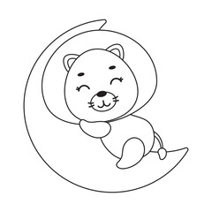 Obraz premium Coloring page cute little lion sleeping on moon. Coloring book for kids. Edulionional activity for preschool years kids and toddlers with cute animal. Vector stock illustration