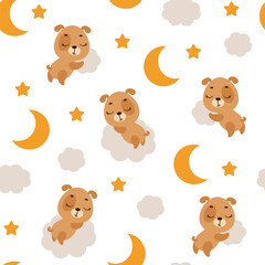 Cute little dog sleeping on cloud seamless childish pattern. Funny cartoon animal character for fabric, wrapping, textile, wallpaper, apparel. Vector illustration