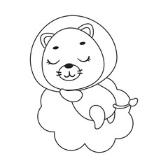 Coloring page cute little lion sleeping on cloud. Coloring book for kids. Edulionional activity for preschool years kids and toddlers with cute animal. Vector stock illustration