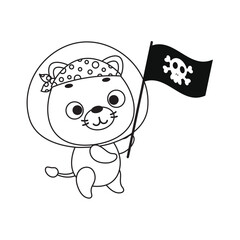 Coloring page cute little lion with pirate flag. Coloring book for kids. Edulionional activity for preschool years kids and toddlers with cute animal. Vector stock illustration
