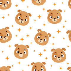 Cute little dog head seamless childish pattern. Funny cartoon animal character for fabric, wrapping, textile, wallpaper, apparel. Vector illustration
