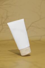 3d rendering A front view of tube cosmetics placed on a brown colored background with beautiful shadows giving a luxurious feel.