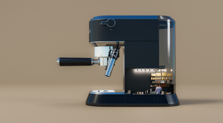 3d rendering small coffee shop concept in the coffee machine Represents a coffee machine that looks like a good barista makes coffee for you.