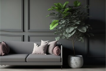 modern interior living room luxury sofa and plant with grey wall