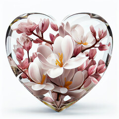 Glass heart filled with white and pink magnolia on white.Spring flowers in the 3d heart glass.Symbol of love for Happy Women's, Mother's, Valentine's Day, birthday greeting card design. Generative AI.