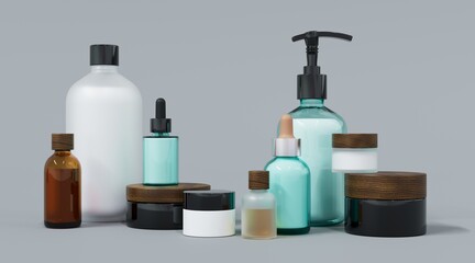 Skincare and beauty products on gray studio background 3D render