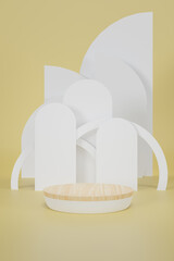3d rendering  A white cylindrical wood top podium is decorated with a geometric wall in the form of a showcase platform on a  yellow background.