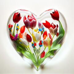 Glass heart filled with tulips flowers on white. Spring flowers in the 3d heart glass. Symbol of love for Happy Women's, Mother's, Valentine's Day, birthday greeting card design. Generative AI.