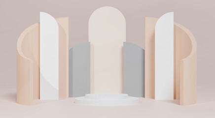 3d rendering  A white cylindrical podium is decorated with a geometric wall in the form of a showcase platform on a beige background.