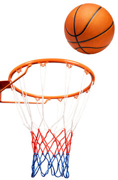 Basketball ball falling into the Basketball hoop isolated on white background, With clipping path