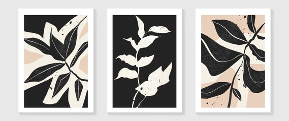  Set of abstract foliage wall art vector. Leaves, grunge texture, black color, leaf branches in hand drawn style. Botanical wall decoration collection design for interior, poster, cover, banner.