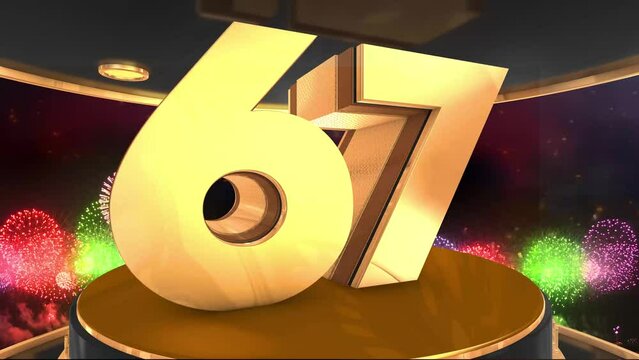 67th birthday animation in gold with fireworks background, 
Animated 67 years Birthday Wishes in 4K