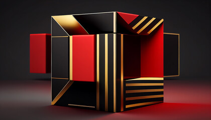 3d background with black and red cube and golden lines. Generative AI.