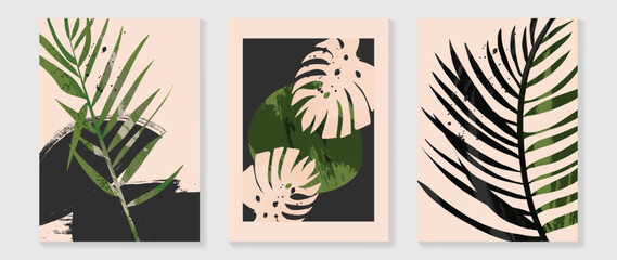 Set of abstract foliage wall art vector. Watercolor texture, tropical plants, palm leaf, monstera in hand drawn style. Botanical wall decoration collection design for interior, poster, cover, banner.