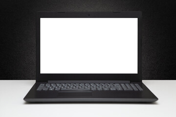 Front view of Open laptop computer. Blank white screen display for mockup and gray metal aluminum material body on black textured background.