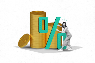 3d retro creative artwork template collage of excited lady having big money percentage profit...
