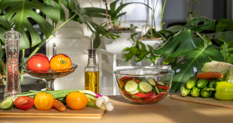 Vegetable Salad. Concept of Healthy food, vegetarian Diet. Fresh salad with vegetables close-up