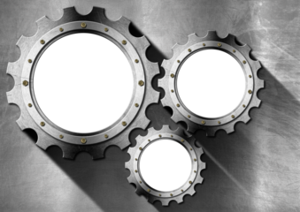 Group of three empty metal gears (cogwheels) on stainless metal background with copy space and shadows. 3D illustration. White or transparent background, png.