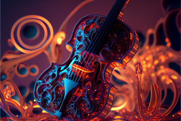 illustration of majestic violin with bow music string instrument in neon colors