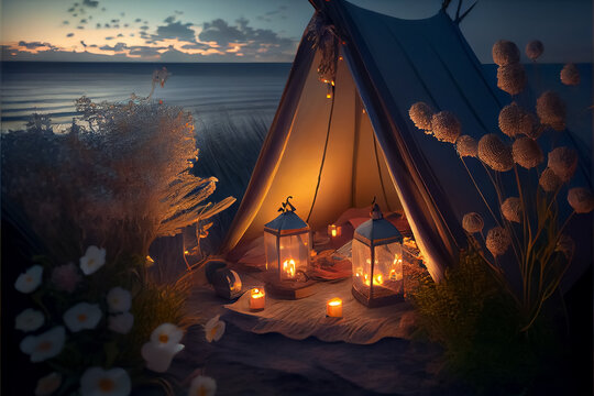 illustration of tent with candles and romantic dinner at beach. AI