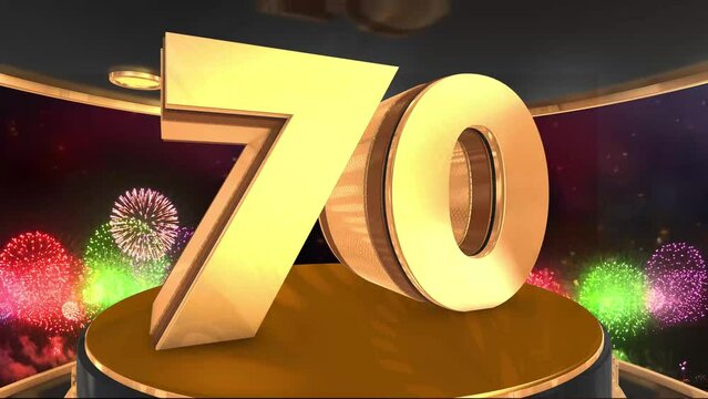 70th birthday animation in gold with fireworks background, 
Animated 70 years Birthday Wishes in 4K