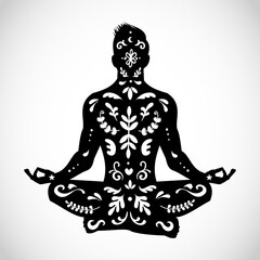 Boho illustration of a meditating man silhouette with decorative ornamnets vector 