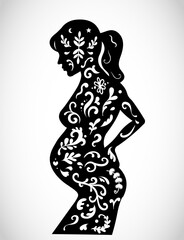 Beautiful pregnant woman vector shape illustration with decorative boho folk ornaments