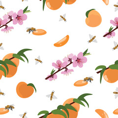 Seamless pattern of peaches and flowering branches. Vector illustration on a white background