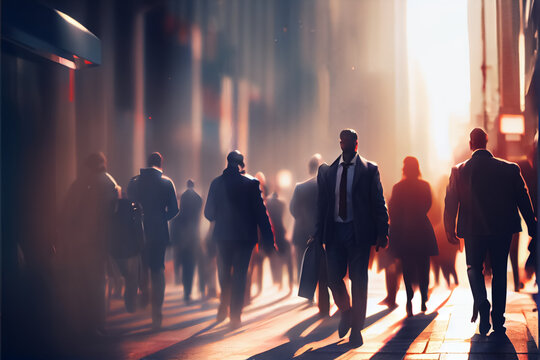 illustration of crowd of anonymous people walking on busy city street. AI