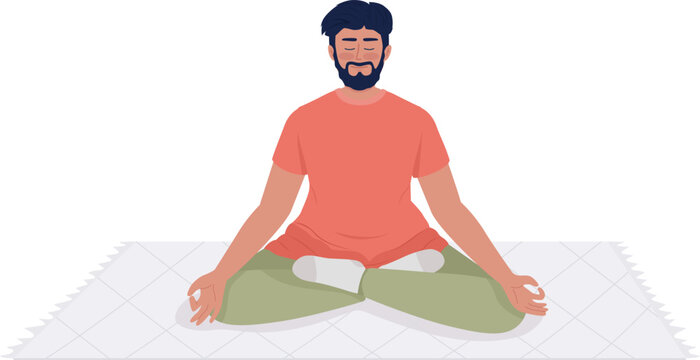 Smiling bearded man meditating on throw rug semi flat color vector character. Editable figure. Full body person on white. Simple cartoon style illustration for web graphic design and animation