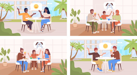 Parents teens bonding flat color vector illustration set. Healthy relationships with teenagers. Fully editable 2D simple cartoon characters collection with dining room, cafe terrace on background