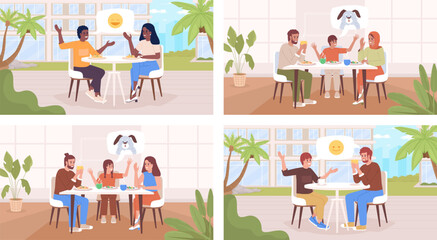 Fototapeta premium Parents teens bonding flat color vector illustration set. Healthy relationships with teenagers. Fully editable 2D simple cartoon characters collection with dining room, cafe terrace on background