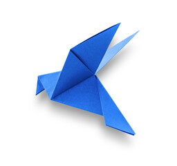 Blue paper dove origami isolated on a white background - obrazy, fototapety, plakaty