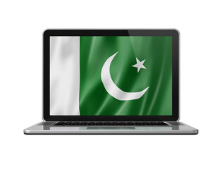 Pakistani flag on laptop screen isolated on white. 3D illustration