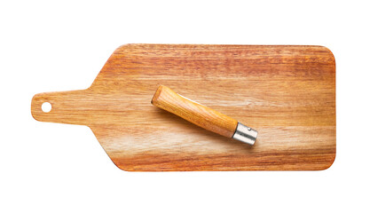 Wooden cutting board and pocket knife isolated on white